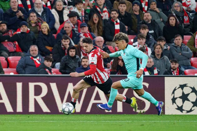Maximilian Araujo and Nico Serrano seen during UEFA Champions League phase game between teams of Athletic Club and Sporting CP (Mickael Ducint Ball Raw Images) Bilbao San Mames Spain Copyright: xMickaelxDucintx AthleticSporting2526-27