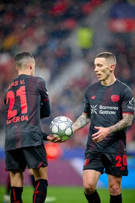 LEVERKUSEN, GERMANY - 1 JANUARY, 2023: Lucas Vazquez, Alejandro Grimaldo - The UEFA Champions League football match between Bayer 04 Leverkusen vs Villareal FC at BayArena.  Copyright: xVitaliixKliuievx