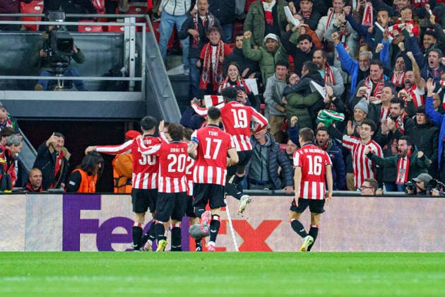 Alejandro Rego, Unai gomez, Yuri Berchiche, Adama Boiro and Inigo Ruiz de Galarreta seen Celebrating after goal during UEFA Champions League phase game between teams of Athletic Club and Sporting CP (Mickael Ducint Ball Raw Images) Bilbao San Mames Spain Copyright: xMickaelxDucintx AthleticSporting2526-101