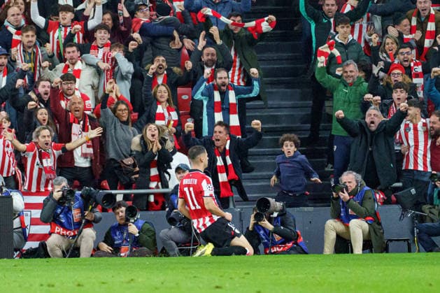 Gorka Guruzeta seen celebrating after goal during UEFA Champions League phase game between teams of Athletic Club and Sporting CP (Mickael Ducint Ball Raw Images) Bilbao San Mames Spain Copyright: xMickaelxDucintx AthleticSporting2526-129