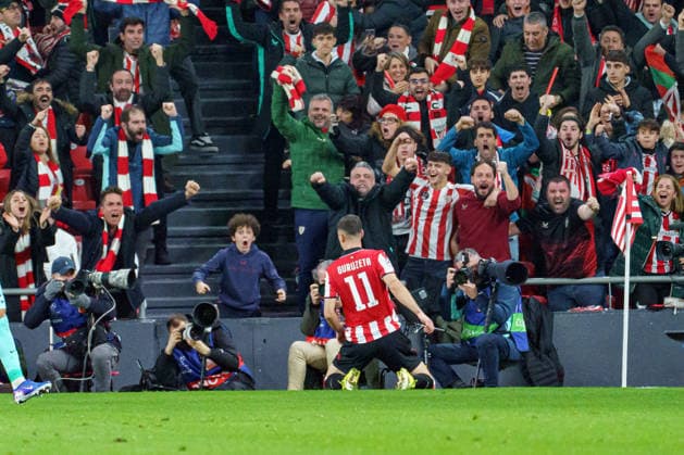 Gorka Guruzeta seen celebrating after goal during UEFA Champions League phase game between teams of Athletic Club and Sporting CP (Mickael Ducint Ball Raw Images) Bilbao San Mames Spain Copyright: xMickaelxDucintx AthleticSporting2526-131