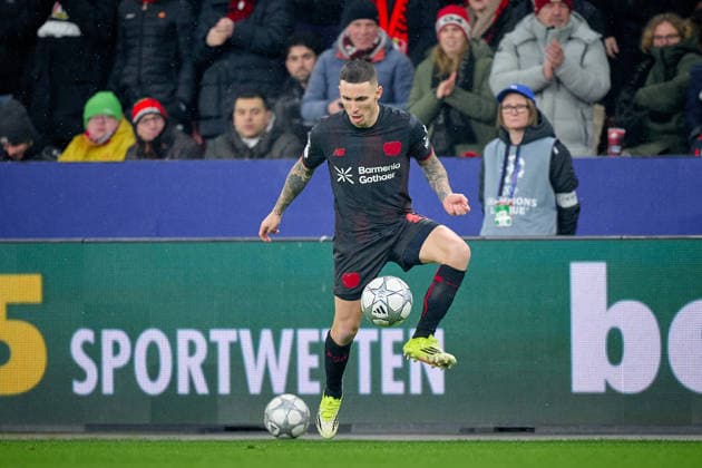 LEVERKUSEN, GERMANY - 1 JANUARY, 2023: Alejandro Grimaldo - The UEFA Champions League football match between Bayer 04 Leverkusen vs Villareal FC at BayArena.  Copyright: xVitaliixKliuievx
