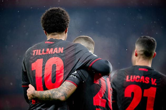 LEVERKUSEN, GERMANY - 28 JANUARY, 2026: Malik Tillman, Alejandro Grimaldo, Lucas Vazquez - The UEFA Champions League football match between Bayer 04 Leverkusen vs Villareal FC at BayArena.  Copyright: xVitaliixKliuievx