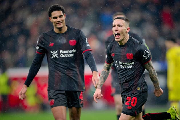 LEVERKUSEN, GERMANY - 28 JANUARY, 2026: Alejandro Grimaldo, goal - The UEFA Champions League football match between Bayer 04 Leverkusen vs Villareal FC at BayArena.  Copyright: xVitaliixKliuievx