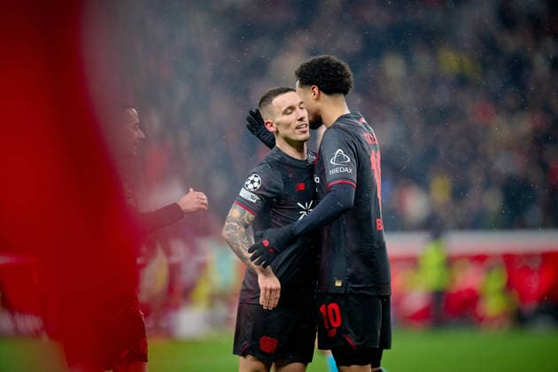 LEVERKUSEN, GERMANY - 28 JANUARY, 2026: Alejandro Grimaldo, Malik Tillman - The UEFA Champions League football match between Bayer 04 Leverkusen vs Villareal FC at BayArena.  Copyright: xVitaliixKliuievx