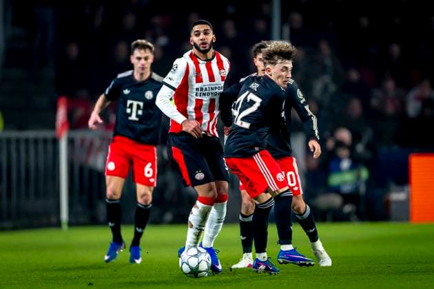 PSV Eindhoven midfielder Ismael Saibari, SC Bayern Munchen midfielder Lennart Karl during the match PSV Eindhoven vs FC Bayern Munchen at the Philips stadium for the Champions League phase Matchday 8 season 2025 2026 in EINDHOVEN, Netherlands on 28 01 2026, Photo by Marcel van Dorst EYE4IMAGES