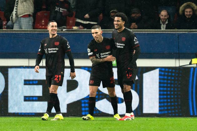 UEFA Champions League 2025 26 Bayer 04 Leverkusen vs Villarreal CF 8 Matchday of the league phase Wednesday, 28 01 2026 BayArena Nordrhein Westfalen, Germany Goal for 2 0 by Malik Tillman 10 Cheers Joy Emotions Goal celebration Alejandro Grimaldo 20 Copyright: xCelinaxLeiersx