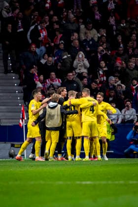 Atletico de Madrid v FK Bodo Glimt - UEFA Champions League 2025 26 League Phase MD8 Players of FK Bodo Glimt celebrate a goal during the UEFA Champions League 2025 26 League Phase MD8 match between Atletico de Madrid and FK Bodo Glimt at Estadio Riyadh Air Metropolitano on January 28, 2026 in Madrid, Spain. Madrid Estadio Riyadh Air Metropolitano Madrid Spain Copyright: xAlbertoxGardinx AGardin_20260128_Foot_Cham_Atl_Mad_Bod_0792