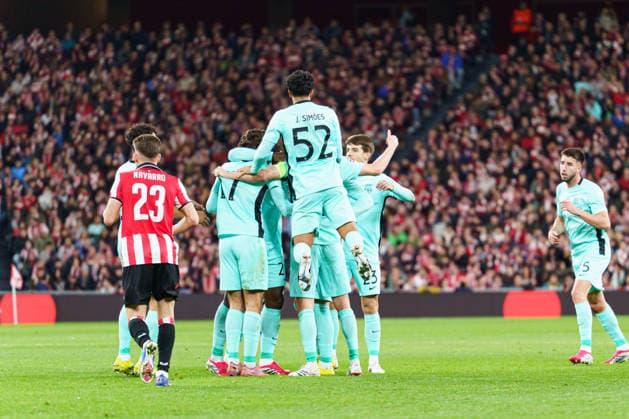 Ousmane Diomande, Goncalo Inacio, Luis Suarez, Morten Hjulmand, Daniel Braganca, Ivan Fresneda, Maximiliano Aruajo, Deny Catamo, Joao Simoes, Francisco Trincao seen Celebrating after goal during UEFA Champions League phase game between teams of Athletic Club and Sporting CP (Mickael Ducint Ball Raw Images) Bilbao San Mames Spain Copyright: xMickaelxDucintx AthleticSporting2526-159