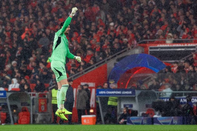 Estadio da Luz Thibaut Courtois of Real Madrid CF celebrates after scoring the team s first goal during the UEFA Champions League 2025 26 League Phase MD8 match between SL Benfica and Real Madrid C.F. at on January 28, 2026 in Lisbon, Portugal. UEFA Champions League 2025 26 League Phase MD8 - SL Benfica vs Rea Madrid CF (Valter Gouveia SPP)  Copyright: xValterxGouveia SPPx spp-en-VaGo-VG_L6071