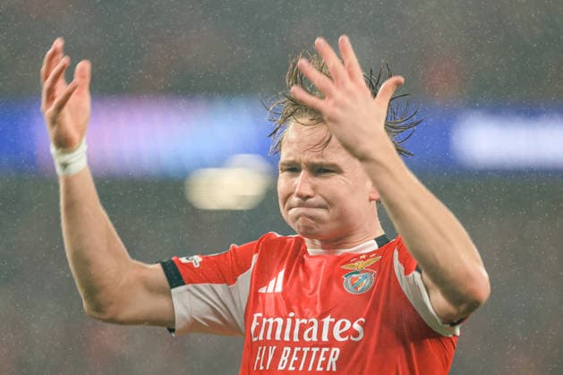 Estadio da Luz Andreas Schjelderup of SL Benfica celebrates after scoring the team s third goal during the UEFA Champions League 2025 26 League Phase MD8 match between SL Benfica and Real Madrid C.F. at on January 28, 2026 in Lisbon, Portugal. UEFA Champions League 2025 26 League Phase MD8 - SL Benfica vs Rea Madrid CF (Valter Gouveia SPP)  Copyright: xValterxGouveia SPPx spp-en-VaGo-VG_L6546