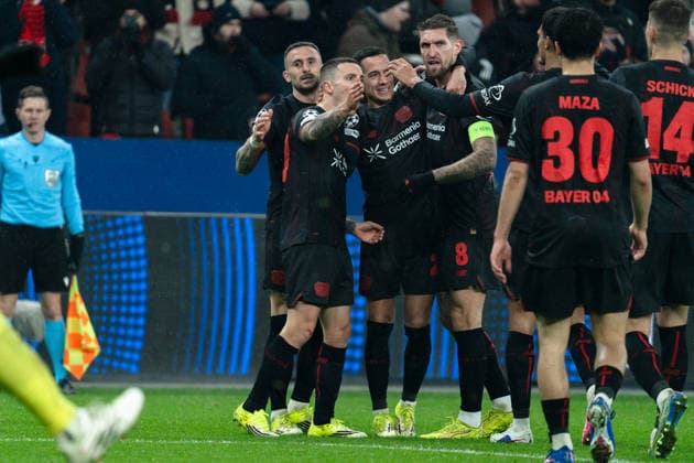 UEFA Champions League 2025 26 Bayer 04 Leverkusen v Villarreal CF 8 Matchday of the league phase Wednesday, 28 01 2026 BayArena Nordrhein Westfalen, Germany Goal for 3 0 by Alejandro Grimaldo 20 Cheers Joy Emotions Goal celebration Lucas Vazquez 21 Aleix Garcia 24 Robert Andrich 8 Copyright: xCelinaxLeiersx