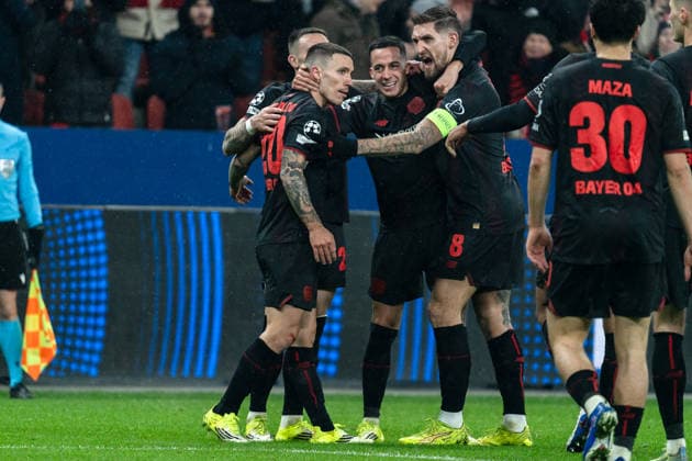 UEFA Champions League 2025 26 Bayer 04 Leverkusen v Villarreal CF 8 Matchday of the league phase Wednesday, 28 01 2026 BayArena Nordrhein Westfalen, Germany Goal for 3 0 by Alejandro Grimaldo 20 Cheers Joy Emotions Goal celebration Lucas Vazquez 21 Aleix Garcia 24 Robert Andrich 8 Copyright: xCelinaxLeiersx