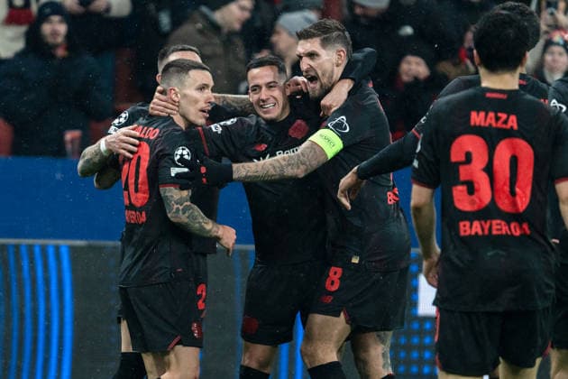 UEFA Champions League 2025 26 Bayer 04 Leverkusen v Villarreal CF 8 Matchday of the league phase Wednesday, 28 01 2026 BayArena Nordrhein Westfalen, Germany Goal for 3 0 by Alejandro Grimaldo 20 Cheers Joy Emotions Goal celebration Lucas Vazquez 21 Aleix Garcia 24 Robert Andrich 8 Copyright: xCelinaxLeiersx