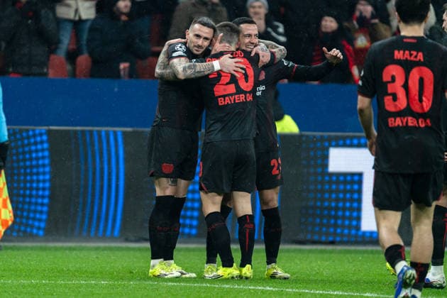 UEFA Champions League 2025 26 Bayer 04 Leverkusen vs Villarreal CF 8 Matchday of the league phase Wednesday, 28 01 2026 BayArena Nordrhein Westfalen, Germany Goal for 3 0 by Alejandro Grimaldo 20 Cheers Joy Emotions Goal celebration Lucas Vazquez 21 Aleix Garcia 24 Copyright: xCelinaxLeiersx