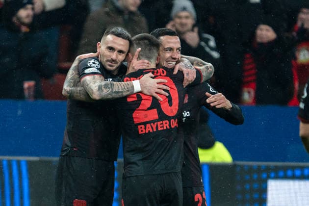 UEFA Champions League 2025 26 Bayer 04 Leverkusen vs Villarreal CF 8 Matchday of the league phase Wednesday, 28 01 2026 BayArena Nordrhein Westfalen, Germany Goal for 3 0 by Alejandro Grimaldo 20 Cheers Joy Emotions Goal celebration Lucas Vazquez 21 Aleix Garcia 24 Copyright: xCelinaxLeiersx