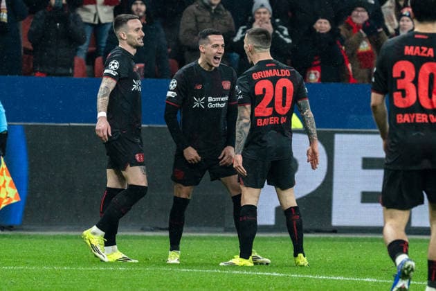 UEFA Champions League 2025 26 Bayer 04 Leverkusen vs Villarreal CF 8 Matchday of the league phase Wednesday, 28 01 2026 BayArena Nordrhein Westfalen, Germany Goal for 3 0 by Alejandro Grimaldo 20 Cheers Joy Emotions Goal celebration Lucas Vazquez 21 Copyright: xCelinaxLeiersx