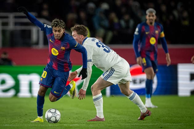 UEFA Champions League FC Barcelona, Barca Vs Copenhagen in Barcelona, Spain - 28 Jan 2026 Lamine Yamal of FC Barcelona and William Clem of FC Copenhagen seen in action during a UEFA Champions League match between FC Barcelona and Copenhagen at Spotify Camp Nou. Final score FC Barcelona 4 :1 Copenhagen Barcelona Spain Copyright: xFelipexMondinox xSOPAxImagesx SP0744-1832
