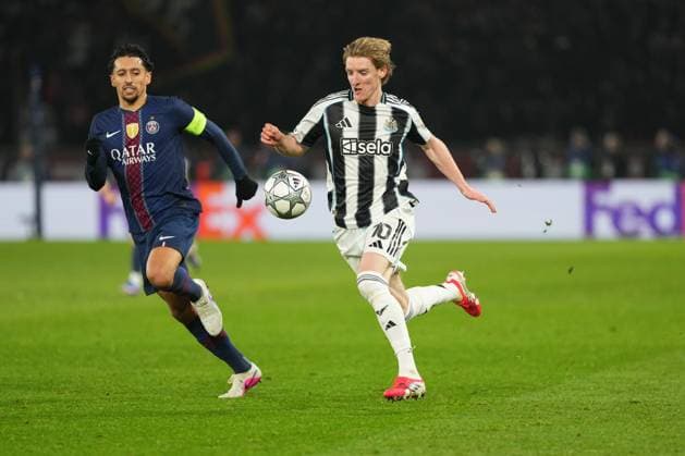 Anthony Gordon of Newcastle takes on Marquinhos of PSG Paris Saint-Germain v Newcastle United, UEFA Champions League, Group Stage, Football, Parc des Princes, Paris, France - 28 Jan 2026Paris Parc des Princes France EDITORIAL USE ONLY No use with unauthorised audio, video, data, fixture lists, club league logos or live services. Online in-match use limited to 120 images, no video emulation. No use in betting, games or single club league player publications. Copyright: xDavexWinter Shutterstockx 16429499jj