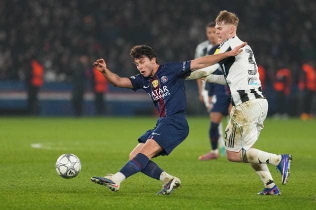 Joao Neves of PSG clears from Lewis Hall of Newcastle Paris Saint-Germain v Newcastle United, UEFA Champions League, Group Stage, Football, Parc des Princes, Paris, France - 28 Jan 2026Paris Parc des Princes France EDITORIAL USE ONLY No use with unauthorised audio, video, data, fixture lists, club league logos or live services. Online in-match use limited to 120 images, no video emulation. No use in betting, games or single club league player publications. Copyright: xDavexWinter Shutterstockx 16429499jb
