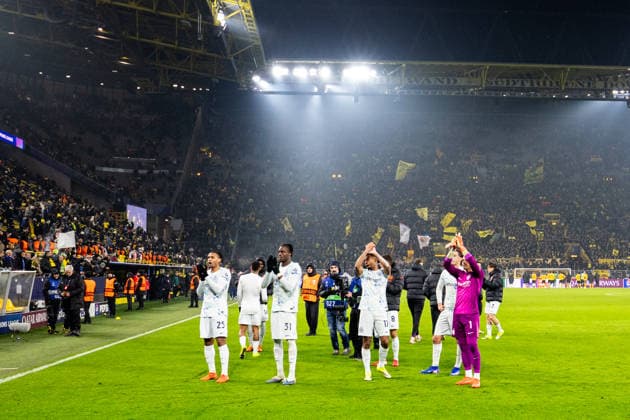 DORTMUND, GERMANY - JANUARY 28: Manuel Akanji of FC Internazionale, Yann Bisseck of FC InternazionaleAndy Diouf of FC Internazionale and FC Internazionale goalkeeper Yann Sommer applaud the fans after the UEFA Champions League 2025 26 League Phase MD8 match between Borussia Dortmund and FC Internazionale Milano at BVB Stadion Dortmund on January 28, 2026 in Dortmund, Germany. (Photo by Rene Nijhuis) SPO  Copyright: xRenexNijhuis