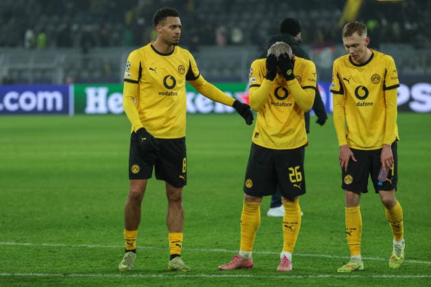 UEFA Champions League Borussia Dortmund Inter Milan on 28 01 2026 at Signal Iduna Park in Dortmund Disappointed Dortmund players, here with Felix Nmecha Dortmund 8 , Julian Ryerson Dortmund 26 and Maximilian Beier Dortmund 14 MH