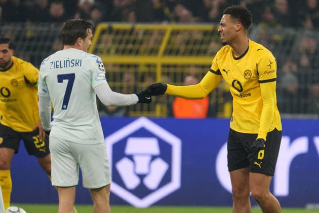 Dortmund, Germany January 28, 2026 Champions League 2025 2026 Borussia Dortmund vs Inter Milan Pictured from left Piotr Zielinski Inter and Felix Nmecha BVB Signal Iduna Park Nordrhein Westfalen Copyright: xFotostandx xFantinix