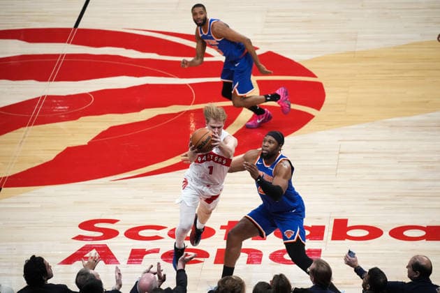 New York Knicks vs Toronto Raptors TORONTO, CANADA - JANUARY 28 : Gradey Dick (1) of Toronto Raptors in action against Miles McBride (2) of New York Knicks during the NBA, Basketball Herren, USA basketball game between New York Knicks and Toronto Raptors at the Scotiabank Arena on January 28, 2026 in Toronto, Ontario, Canada. Mert Alper Dervis Anadolu Ontario Canada. Editorial use only. Please get in touch for any other usage.  Copyright: x2026xAnadoluxMertxAlperxDervisx