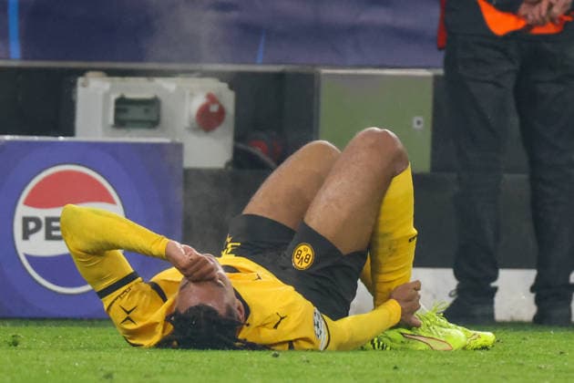 Dortmund, Germany January 28, 2026 Champions League 2025 2026 Borussia Dortmund vs Inter Milan In the picture Filippo Mane BVB injured on the pitch Signal Iduna Park North Rhine-Westphalia Copyright: xFotostandx xFantinix