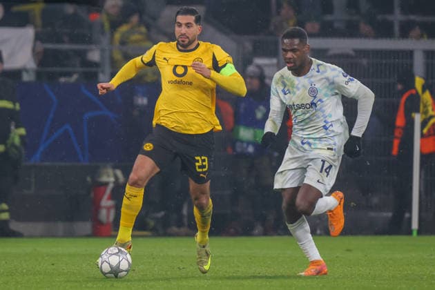 Dortmund, Germany January 28, 2026 Champions League 2025 2026 Borussia Dortmund vs Inter Milan In the picture from left in the duel Emre Can BVB and Ange Yoan Bonny Inter Signal Iduna Park Nordrhein Westfalen Copyright: xFotostandx xFantinix