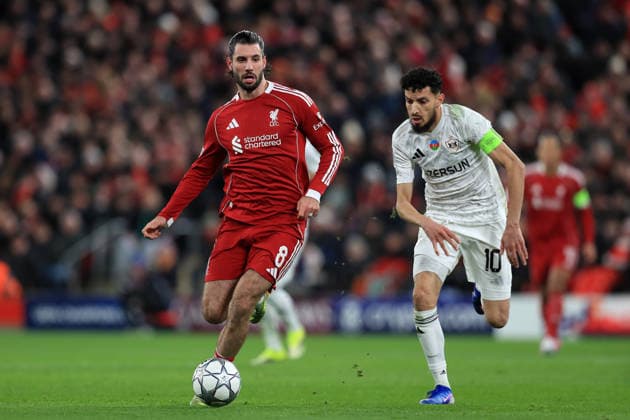 28th January 2026; Anfield, Liverpool, Merseyside, England; UEFA Champions League Football, Liverpool versus Qarabag; Dominik Szoboszlai of Liverpool is chased by Abdellah Zoubir of Qarabag  DavidxBlunsden Content restricted for UK based newspaper
