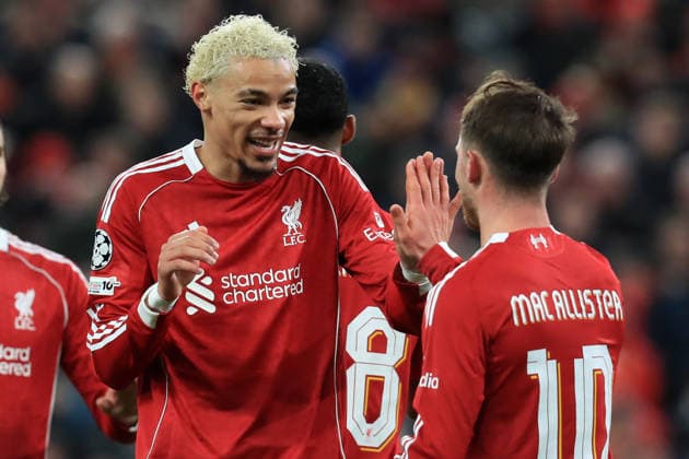 28th January 2026; Anfield, Liverpool, Merseyside, England; UEFA Champions League Football, Liverpool versus Qarabag; Florian Wirtz of Liverpool celebrates with team mate Hugo Ekitike after scoring for 1-0 after 15 minutes  DavidxBlunsden Content restricted for UK based newspaper