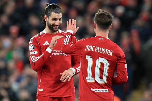 28th January 2026; Anfield, Liverpool, Merseyside, England; UEFA Champions League Football, Liverpool versus Qarabag; Florian Wirtz of Liverpool celebrates with team mate Dominik Szoboszlai after scoring for 1-0 after 15 minutes  DavidxBlunsden Content restricted for UK based newspaper