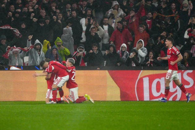 UEFA Champions League SL Benfica Vs Real Madrid CF in Lisbon, Portugal - 28 Jan 2026 Andreas Schjelderup, Samuel Dahl, Gianluca Prestianni of SL Benfica (C) and Georgiy Sudakov of SL Benfica (R) celebrate a goal during UEFA Champions League 2025 26 League phase Matchday 8 between SL Benfica and Real Madrid CF at Estadio da Luz. Final score SL Benfica 4 : 2 Real Madrid CF Lisbon Portugal Copyright: xBrunoxdexCarvalhox xSOPAxImagesx brunodecarvalho_benficarealmadrid-1826