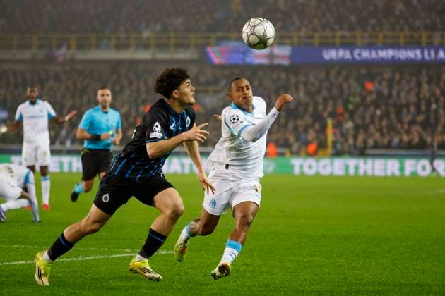 Football UEFA Champions League J8 match Bruges Brugge - Marseille PHOTOPQR LA PROVENCE SPEICH Frederic ; Bruges ; 28 01 2026 ; Football UEFA Champions League Phase de ligue Journee 8 Match Club Bruges KV - Olympique de Marseille ( OM ) au Stade Stade Jan-Breydel de Bruges (Belgique) Igor PAIXAO (Marseille) Kyriani SABBE (Bruges) Bruges Autre France  Copyright: xPHOTOPQR LAxPROVENCE MAXPPPxSPEICHxFredericx 20260128PVL2943 20260128PVL2943