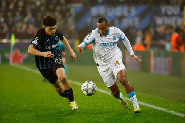 Football UEFA Champions League J8 match Bruges Brugge - Marseille PHOTOPQR LA PROVENCE SPEICH Frederic ; Bruges ; 28 01 2026 ; Football UEFA Champions League Phase de ligue Journee 8 Match Club Bruges KV - Olympique de Marseille ( OM ) au Stade Stade Jan-Breydel de Bruges (Belgique) Igor PAIXAO (Marseille) Kyriani SABBE (Bruges) Bruges Autre France  Copyright: xPHOTOPQR LAxPROVENCE MAXPPPxSPEICHxFredericx 20260128PVL2944 20260128PVL2944