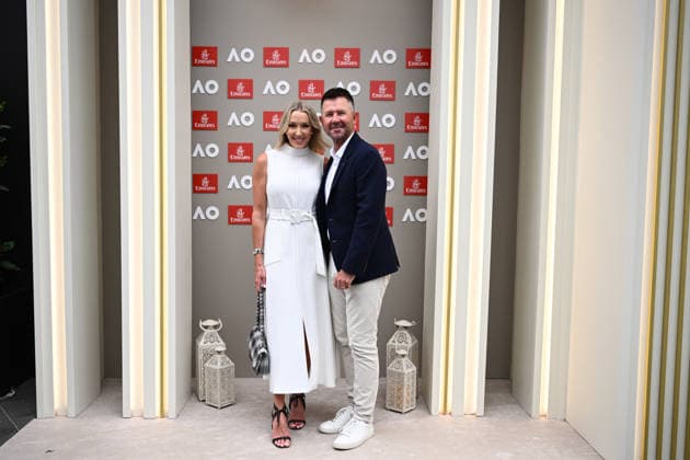 TENNIS AUSTRALIAN OPEN, Fromer Australian cricketer Ricky Ponting (right) and partner Rianna Ponting pose for a photo at a hospitality marquee during Day 12 of the 2026 Australian Open tennis tournament at Melbourne Park in Melbourne, Thursday, January 29, 2026. ( NO ARCHIVING MELBOURNE VICTORIA AUSTRALIA  Copyright: xJOELxCARRETTx 20260129139405582216