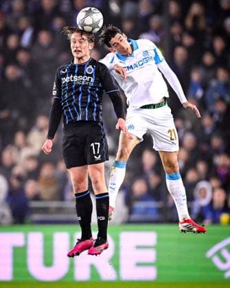 Club Brugge v Marseille - UEFA Champions League BRUGGE, BELGIUM - JANUARY 28 : Vermant Romeo forward of Club Brugge and Aguerd Nayef defender of OM Marseille during the UEFA Champions League 2025 26 League Phase MD8 match between Club Brugge and Marseille on January 28, 2026 in Brugge, Belgium, 28 01 2026  Copyright: xTomasxSiskx