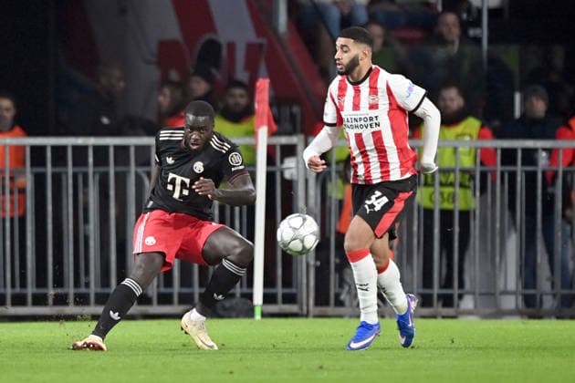 Dayot UPAMECANO M vs e43 action, duel, PSV Eindhoven PSV FC Bayern Muenchen M 1 2 Football Champions League, 8 matchday, matchday8, on 28 01 2026 at Philips Stadion Eindhoven Netherlands UEFA regulations prohibit any use of photographs as image sequences and or quasi video Â