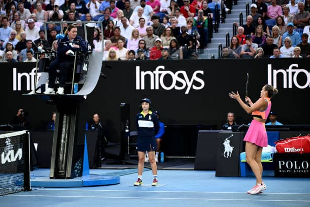 TENNIS AUSTRALIAN OPEN, Aryna Sabalenka of Russia reacts during the women™s semifinasl against Elina Svitolina of Ukraine on day 12 of the 2026 Australian Open tennis tournament at Melbourne Park in Melbourne, Thursday, January 29, 2026. ( NO ARCHIVING MELBOURNE VICTORIA AUSTRALIA  Copyright: xJOELxCARRETTx 20260129162742630974