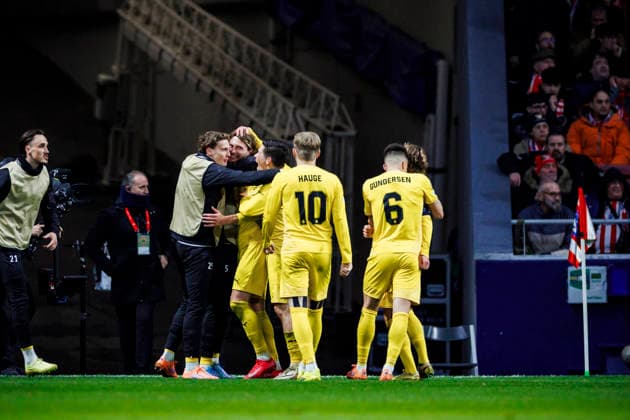 Atletico de Madrid vs Bodo Glimt - UEFA Champions League - 28 01 2026 Kasper Waarts Hogh of Bodo Glimt celebrating his goal with his teammates during the UEFA Champions League match between Atletico de Madrid and Bodo Glimt at Riyadh Air Metropolitano on January 28, 2026 in Madrid, Spain. Madrid Spain Copyright: xMarinaxFrutos PGSxPhotoxAgencyx