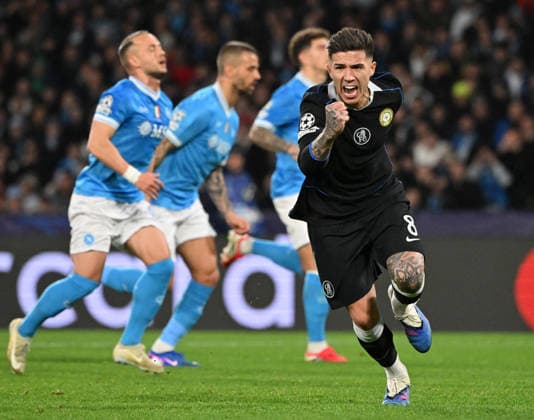 (260129) -- NAPLES, Jan. 29, 2026 -- Chelsea s Enzo Fernandez celebrates his goal during the UEFA Champions League football match between Napoli and Chelsea in Naples, Italy, Jan. 28, 2025. (Photo by Xinhua) (SP)ITALY-NAPLES-FOOTBALL-UEFA CHAMPIONS LEAGUE-NAPOLI VS CHELSEA AlbertoxLingria 