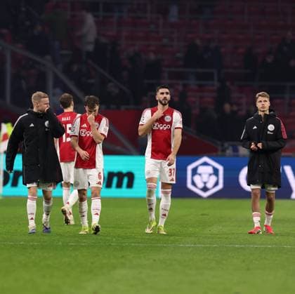 Davy Klaassen of AFC Ajax, Youri Regeer of AFC Ajax ,Josip Sutalo of AFC Ajax and Sean Steur of AFC Ajax disappointed after losing the game during the match AFC Ajax Amsterdam vs Olympiacos Piraues at the Johan Cruijff ArenA for the UEFA Champions League season 2025 2026 in AMSTERDAM, Netherlands on 28 january 2026 Photo by Peter Lous EYE4IMAGES