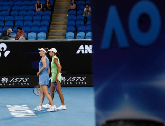 (260129) -- MELBOURNE, Jan. 29, 2026 -- Zhang Shuai (R) Elise Mertens react during the women s doubles semifinal match between Zhang Shuai (China) Elise Mertens (Belgium) and Shibahara Ena (Japan) Vera Zvonareva (Russia) at the Australian Open tennis tournament in Melbourne, Australia, Jan. 29, 2026. ) (SP)AUSTRALIA-MELBOURNE-TENNIS-AUSTRALIAN OPEN-WOMEN S DOUBLES-SEMIFINALS MaxPing 