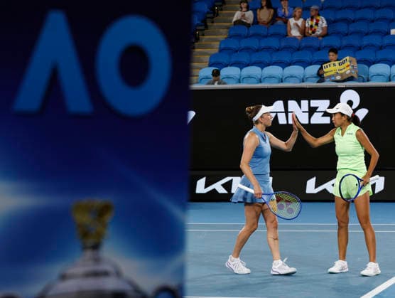 (260129) -- MELBOURNE, Jan. 29, 2026 -- Zhang Shuai (R) Elise Mertens react during the women s doubles semifinal match between Zhang Shuai (China) Elise Mertens (Belgium) and Shibahara Ena (Japan) Vera Zvonareva (Russia) at the Australian Open tennis tournament in Melbourne, Australia, Jan. 29, 2026. ) (SP)AUSTRALIA-MELBOURNE-TENNIS-AUSTRALIAN OPEN-WOMEN S DOUBLES-SEMIFINALS MaxPing 