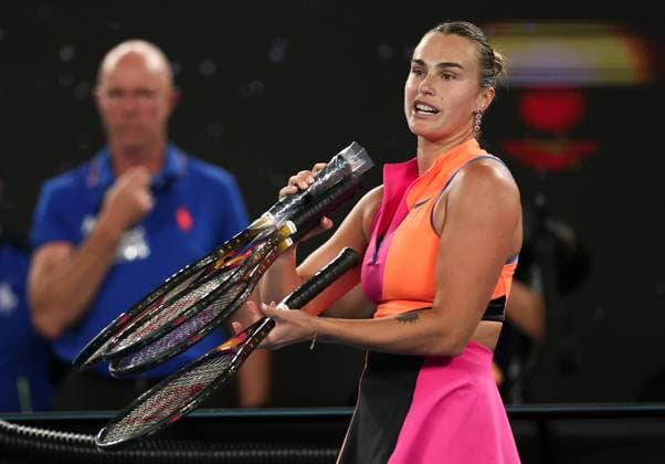 Aryna Sabalenka with tennis rackets after victory in her semi-final match Australian Open tennis tournament, Day Twelve, Melbourne Park, Australia - 29 Jan 2026Melbourne Melbourne Park Victoria (VIC) Australia  Copyright: xEllaxLing Shutterstockx 16455615am