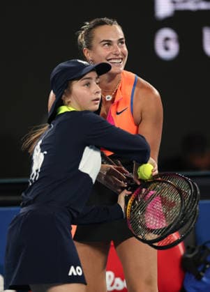Aryna Sabalenka with tennis rackets after victory in her semi-final match Australian Open tennis tournament, Day Twelve, Melbourne Park, Australia - 29 Jan 2026Melbourne Melbourne Park Victoria (VIC) Australia  Copyright: xEllaxLing Shutterstockx 16455615ak