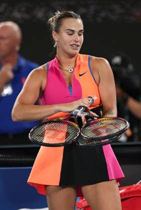 Aryna Sabalenka with tennis rackets after victory in her semi-final match Australian Open tennis tournament, Day Twelve, Melbourne Park, Australia - 29 Jan 2026Melbourne Melbourne Park Victoria (VIC) Australia  Copyright: xEllaxLing Shutterstockx 16455615al