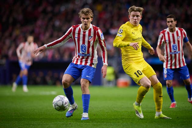 Atletico de Madrid s Pablo Barrios (L) and FK Bodo Glimt s Jens Petter Hauge during Champions League 2025 2026, Round 8 match. January 28 ,2026. (20260128002)