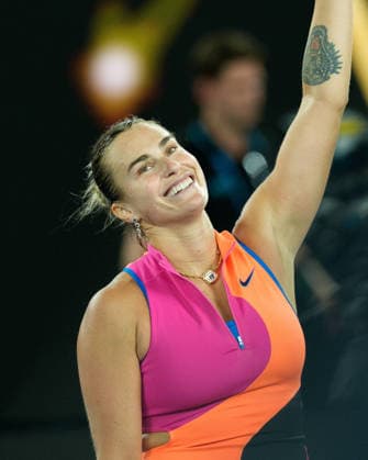 January 29, 2026: 1st seed ARYNA SABALENKA of Belarus celebrates after defeating 12th seed ELINA SVITOLINA of Ukraine on Rod Laver Arena in a Women s Singles Semifinals match on day 12 of the 2026 Australian Open in Melbourne, Australia. SABALENKA won 62 63. Cal Media Melbourne Australia - ZUMAc04_ 20260129_faf_c04_003 Copyright: xSydneyxLowx
